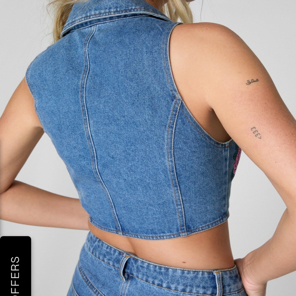 Denim Waistcoat and Jeans Set with Rose Hotflix Design - Picture 4 of 11